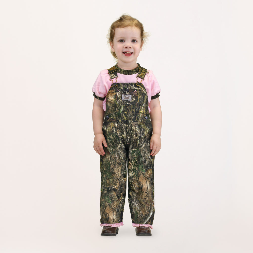 #428 Premium Pink Ruffle BIB OVERALL Girls in Realtree or Mossy Oak Break-Up Made in USA
